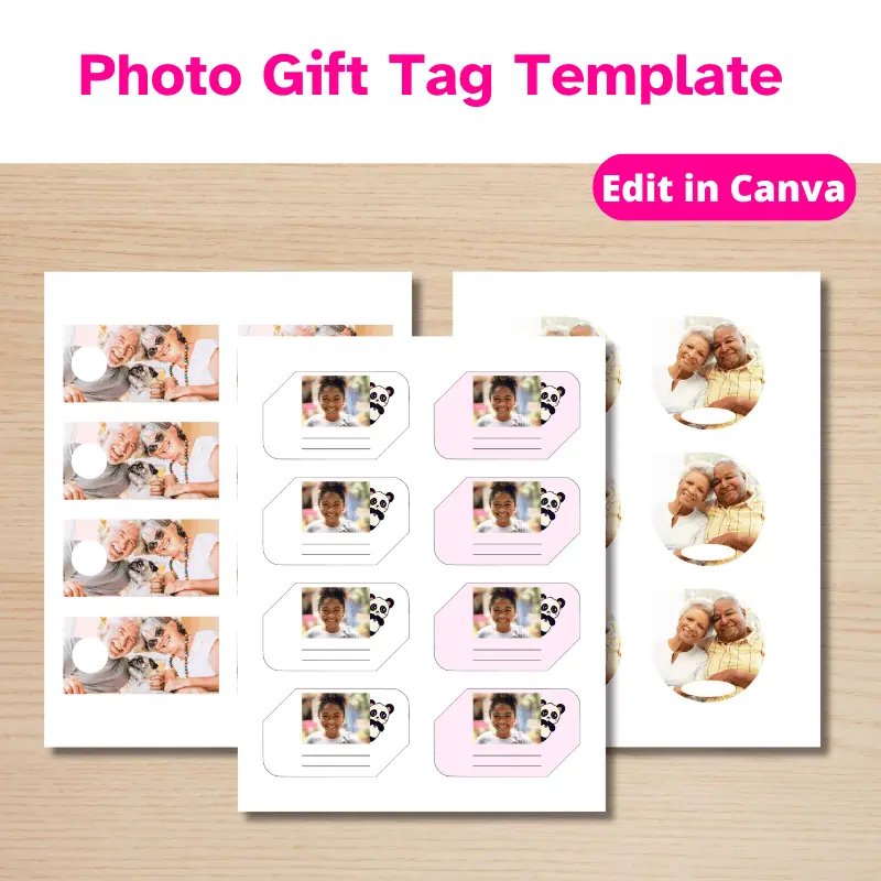 3 pages of unique photo gift tags. One set in in the shape of a tear, one set is a wide rectangle and one set is an angled shape with a panda peeking out from the photo.