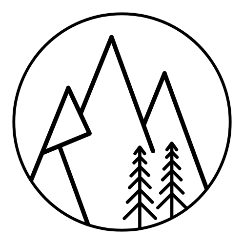 a mountain with pine trees in front inside a circle