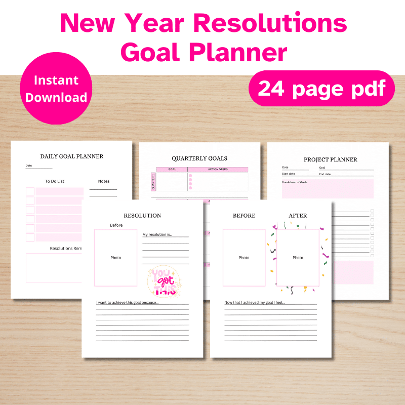 5 pages of a new year resolutions planner in white and light pink