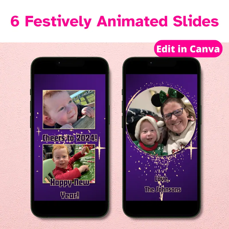 2 Happy New Year Animated Card Template Slides with a deep purple gradient background and golden fireworks, family photos, and a Holiday message