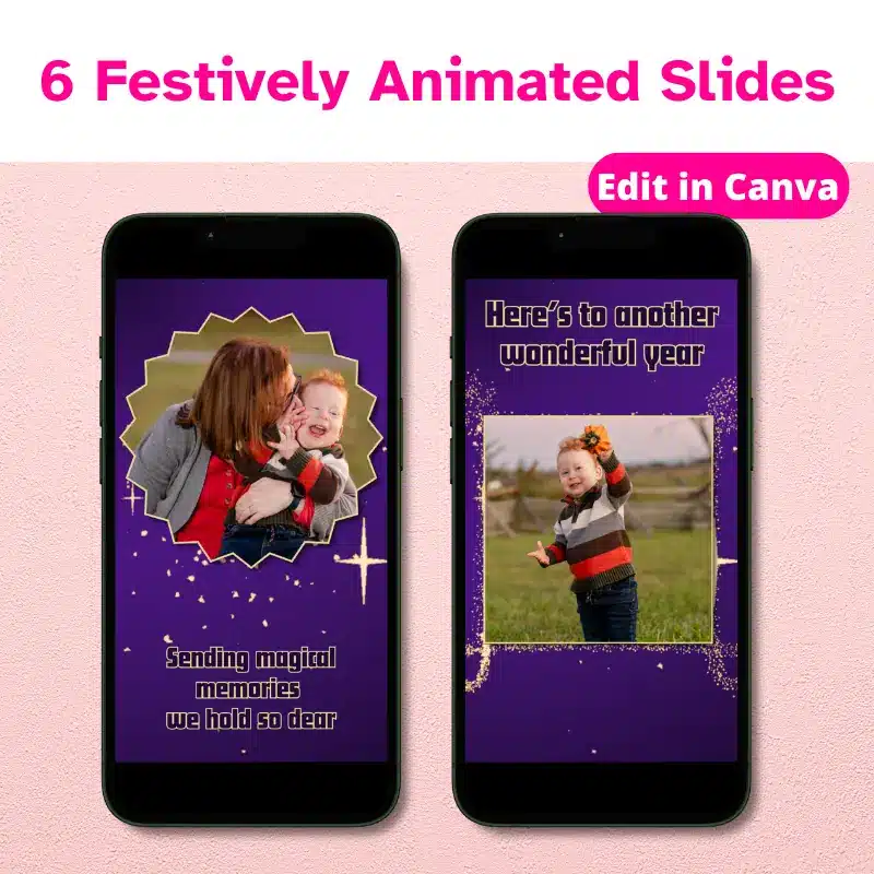 2 Happy New Year Animated Card Template Slides with a deep purple gradient background and golden fireworks, family photos, and a Holiday message