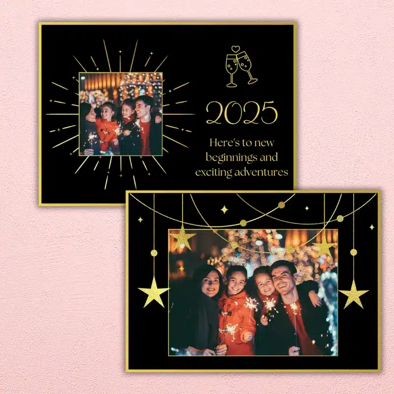 a double sided photo card in black and metallic gold accents.