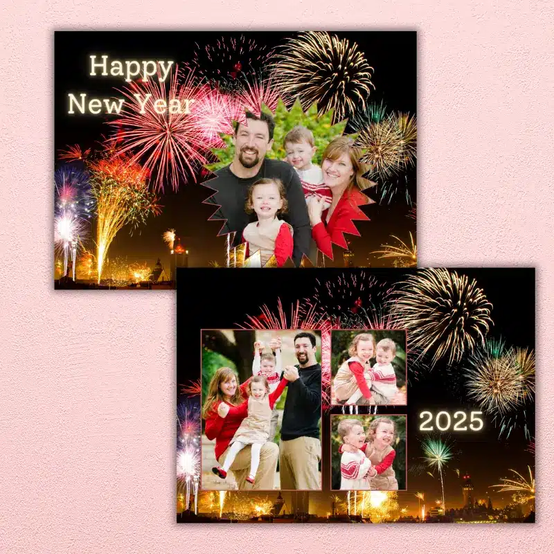 Happy New Year Photo Card with vibrant fireworks behind 4 family photos and the year on the back.