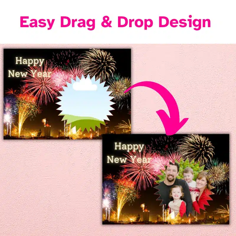 A Happy New Year Photo Card with vibrant fireworks behind a medallion shaped family photo beside the template that was used to create it.