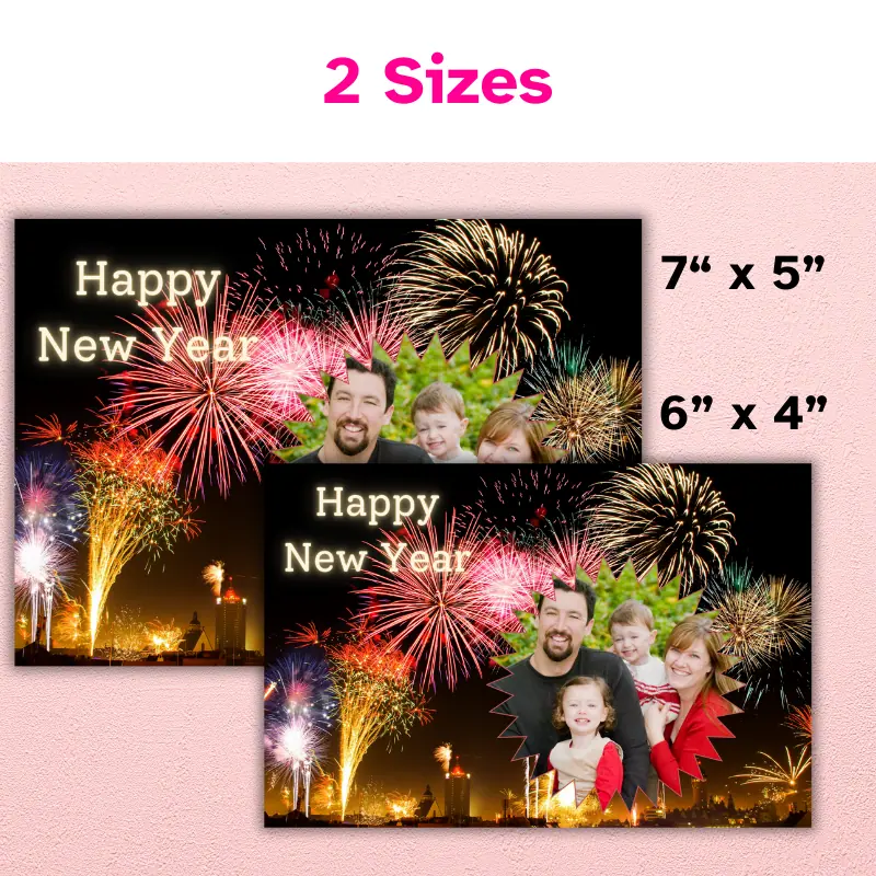 Happy New Year Photo Card with vibrant fireworks behind a medallion shaped family photo in 2 different sizes. 7 x 5 inch and 6 x 4 inch.