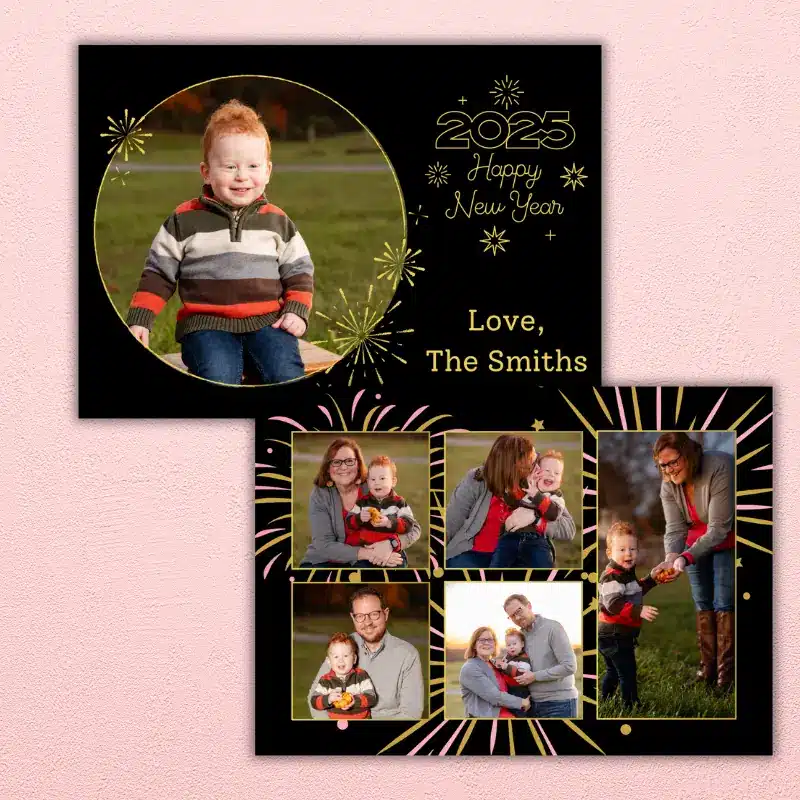 Double sided Happy New Year Photo card featuring golden fireworks and 6 family photos