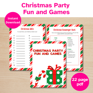 3 pages Christmas party fun and games pdf. A vibrant printable filled with Christmas fun.