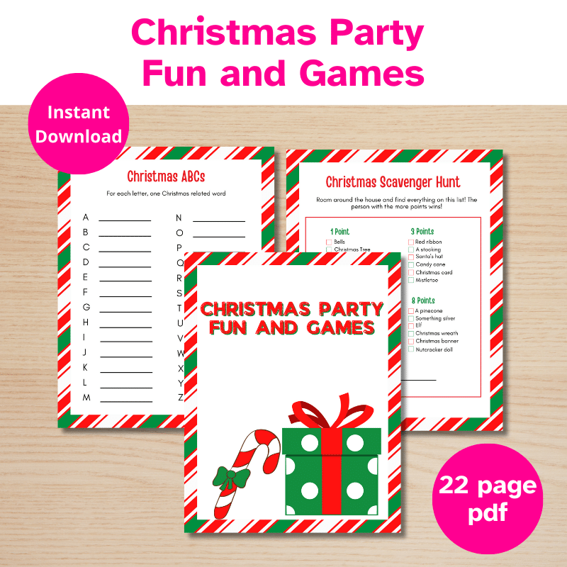 3 pages Christmas party fun and games pdf. A vibrant printable filled with Christmas fun.