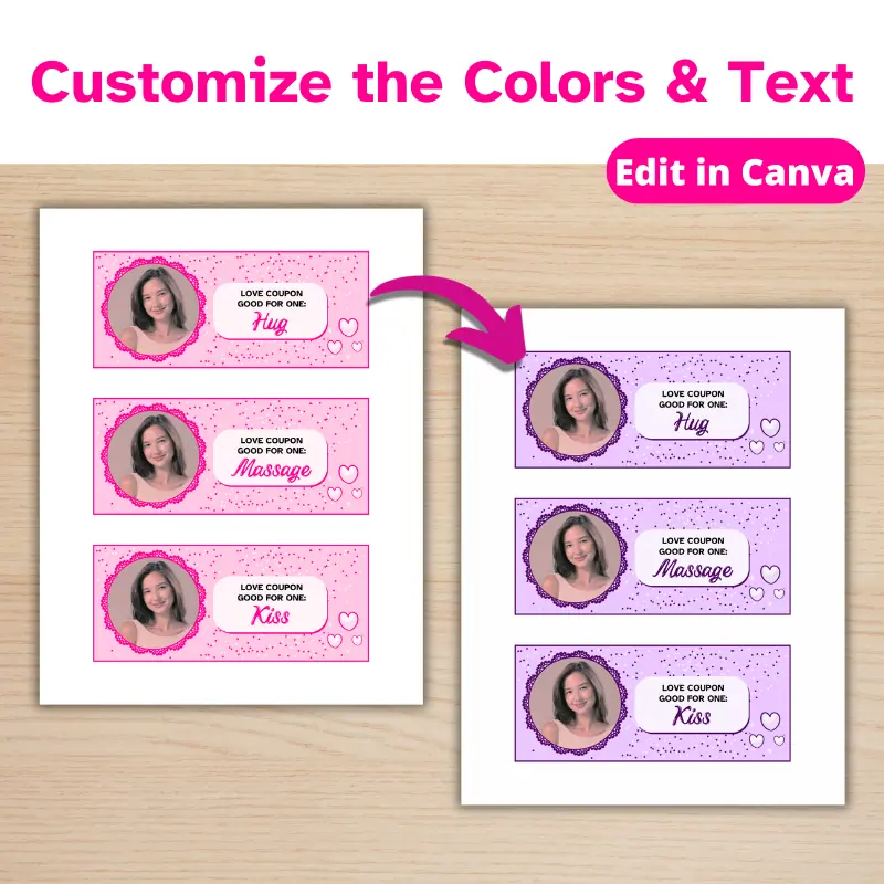 2 printable pages of Love coupons on a table. The coupons feature the face of a happy woman and various shades of pink hearts. Customize the colors and text. The second page is in shades of purple.