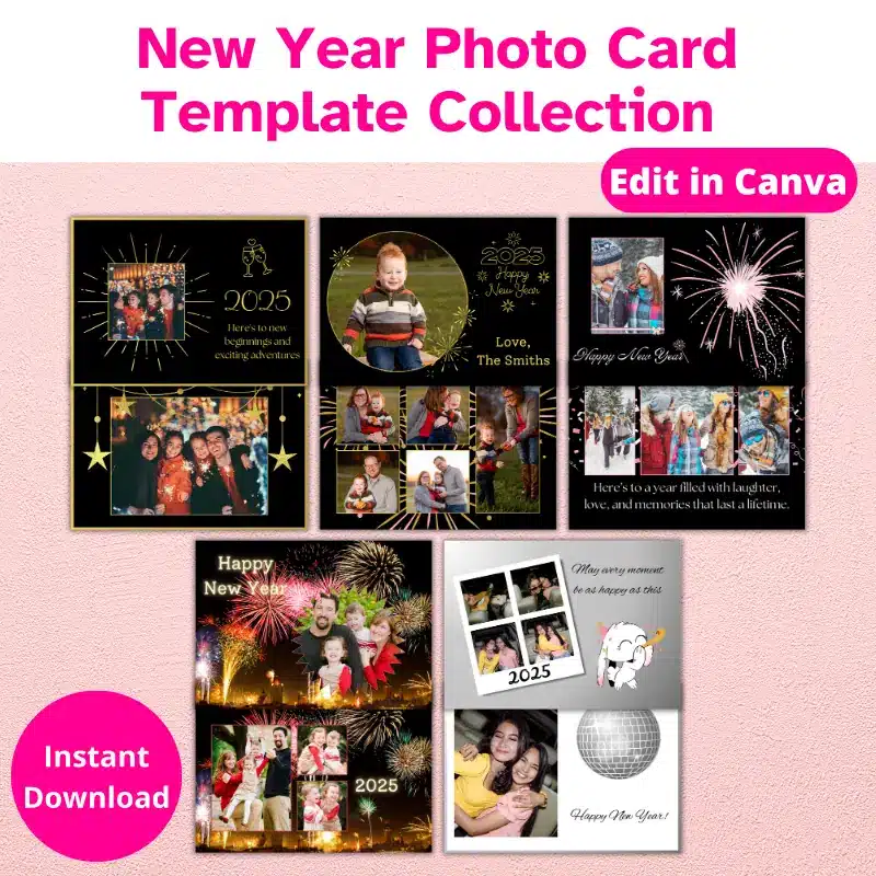 5 double sided photo cards spread out. They feature a variety of new year wishes, celebratory graphics, and photos of happy friends and families.