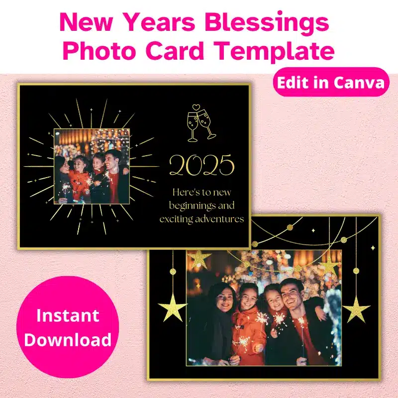 a double sided photo card in black and metallic gold accents. Edit in Canva. Instant download.