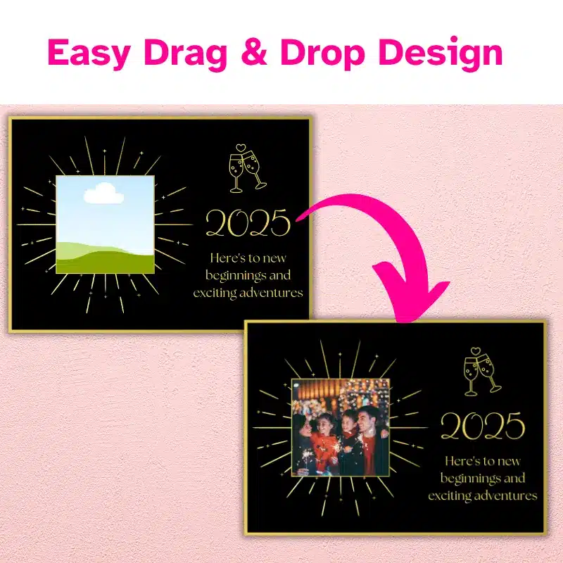 2 photo cards in black and metallic gold accents. One is a template with an arrow to a completed design featuring a happy family photo