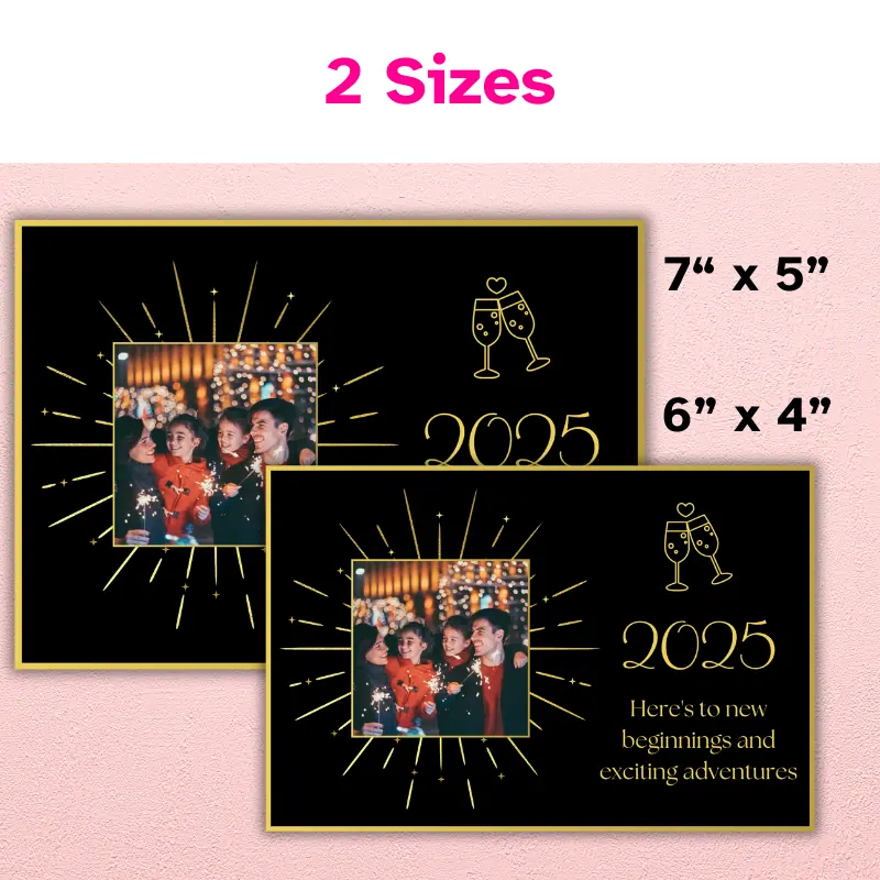 2 photo cards in black and metallic gold accents. One is 7 x 5 inch and the other is 6 x 4 inch.