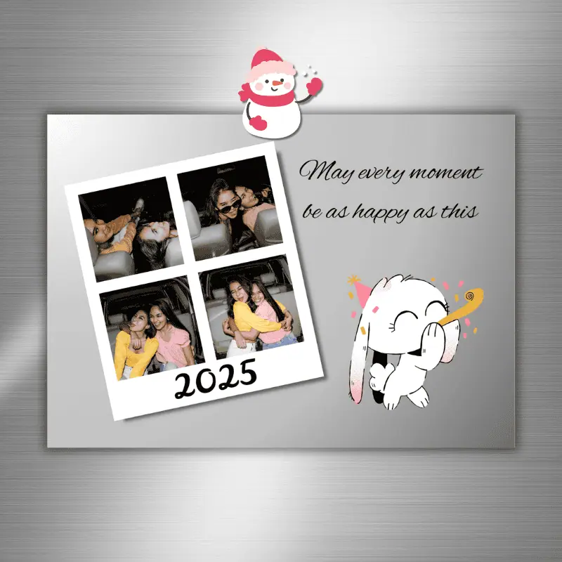 New year photo card with a metallic silver background featuring a photo booth polaroid with 4 photos of best friends, a new year blessing, and a celebrating bunny hanging on a fridge with a snowman magnet.