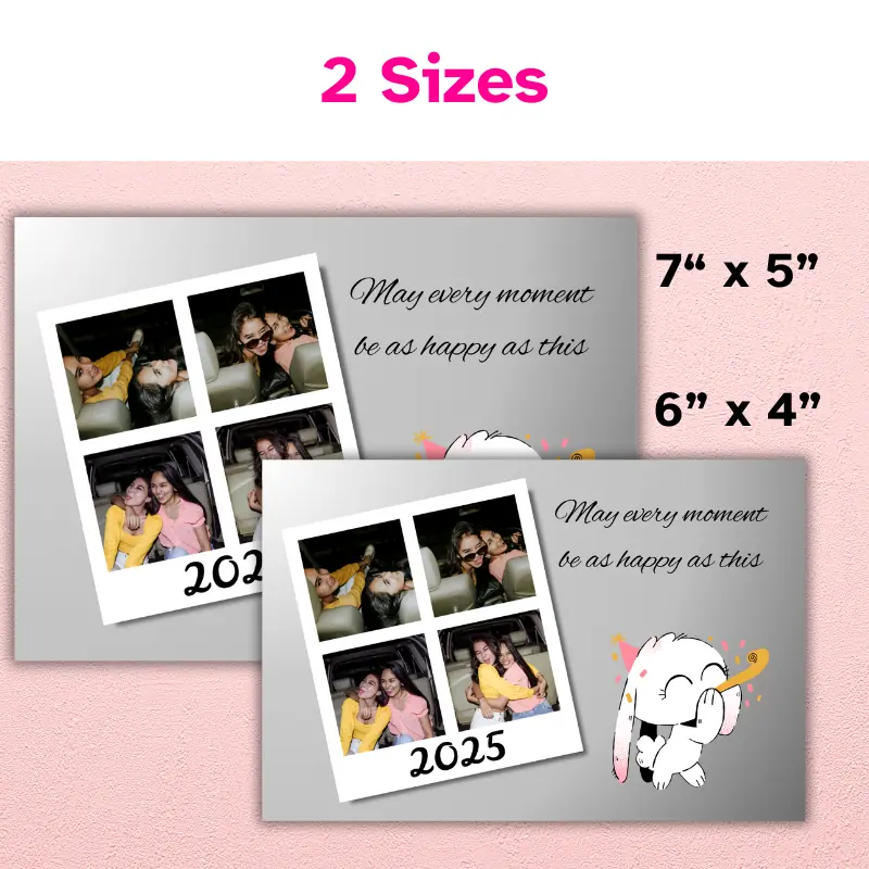 New year photo card with a metallic silver background featuring a photo booth polaroid with 4 photos of best friends, a new year blessing, and a celebrating bunny displayed in 2 sizes: 7 x 5 inch and 6 x 4 inch.