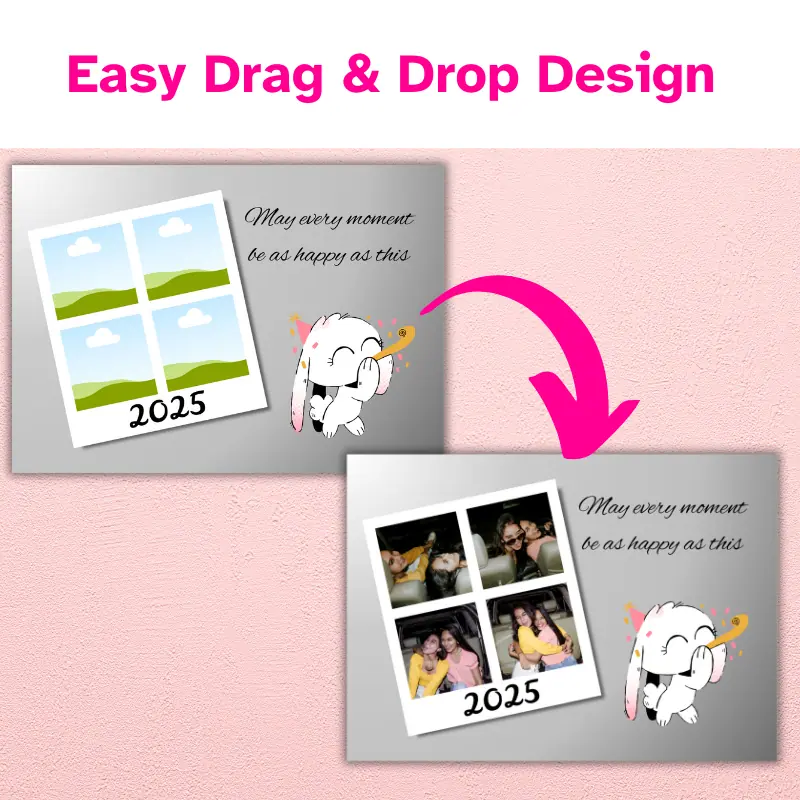 New year photo card with a metallic silver background featuring a photo booth polaroid with 4 photos of best friends, a new year blessing, and a celebrating bunny beside the template which it was created from.