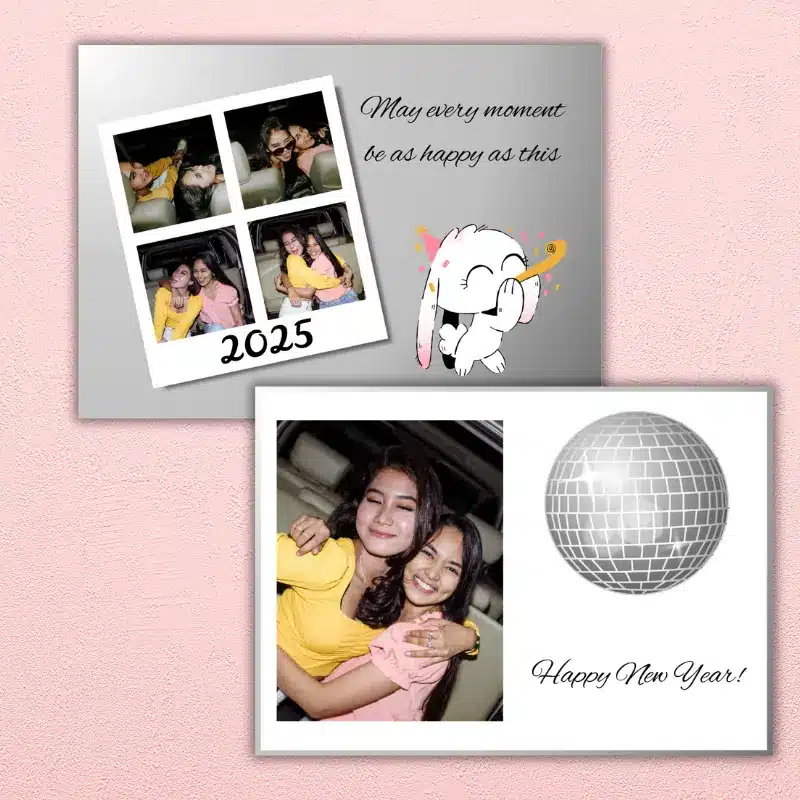 New year photo card with a metallic silver background featuring a photo booth polaroid with 4 photos of best friends, a new year blessing, and a celebrating bunny. The back features a larger photo, a disco ball and a metallic silver trim on a white background.