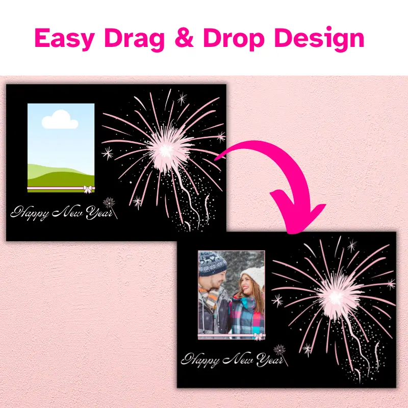 Happy New Year photo card template with pink fireworks against a black background and room for one photo with an arrow pointing to a completed photo card with a photo of happy friends.