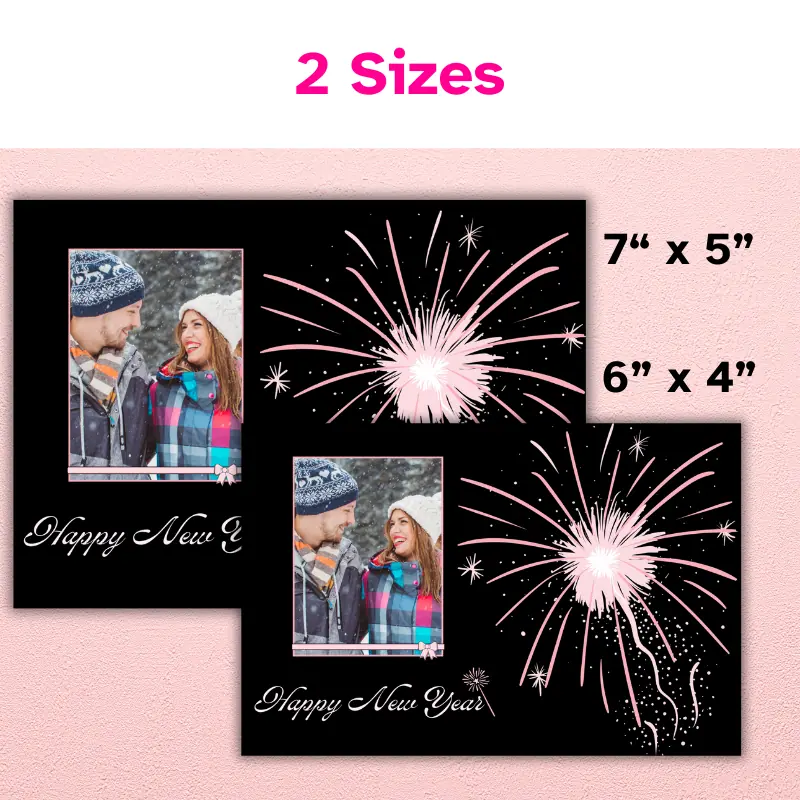 Happy New Year photo card with pink fireworks against a black background featuring a photo of 2 close friends shown in 2 sizes: 7 x 5 inch and 6 x 4 inch.