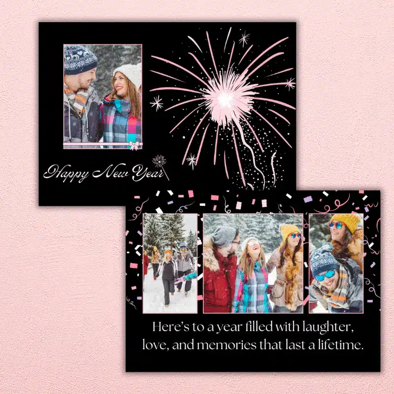 Happy New Year photo card with pink fireworks and confetti on the back featuring 4 photos of close friends.