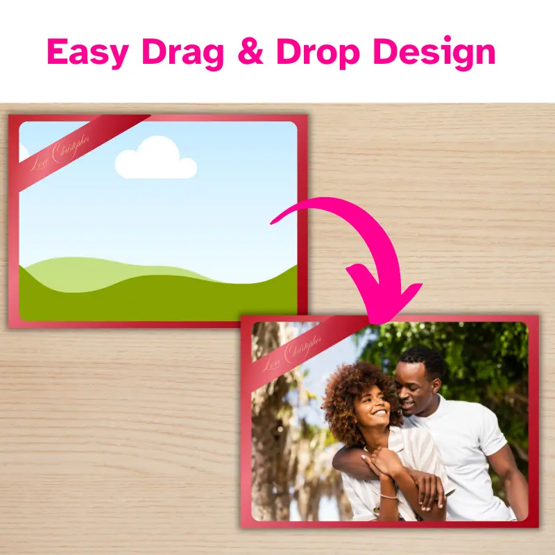 Easy Drag and drop design. a photo card template with a red background and gold words with an arrow to a completed Valentine's Day card with a photo of a happy couple