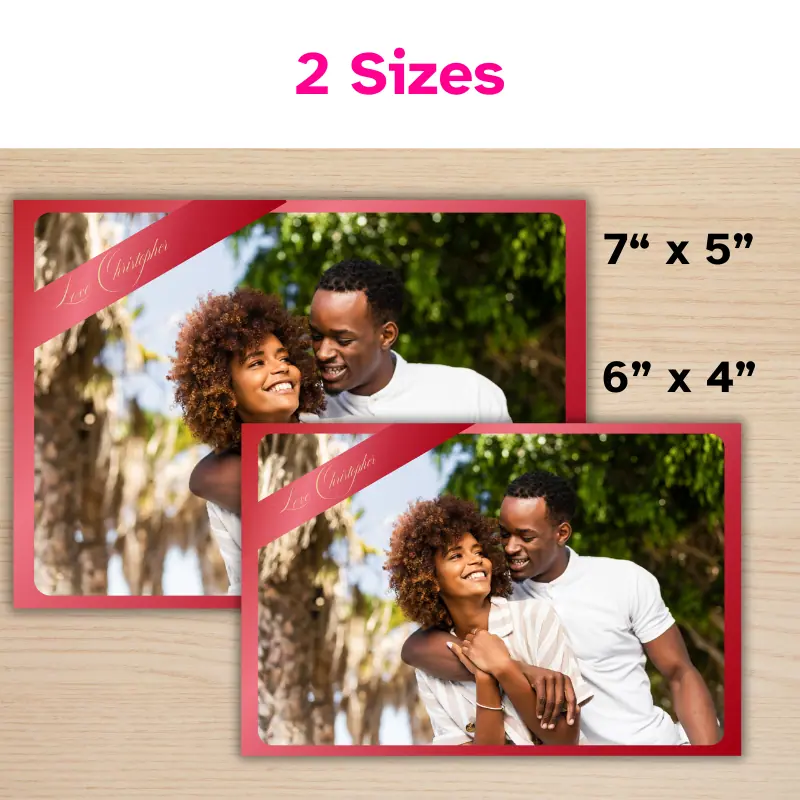 2 of the same valentine's Day photo card displayed in 2 sizes. One is 7 x 5 inch and the other is 6 x 4 inch. The card has a large photo of a happy couple and a red metallic background