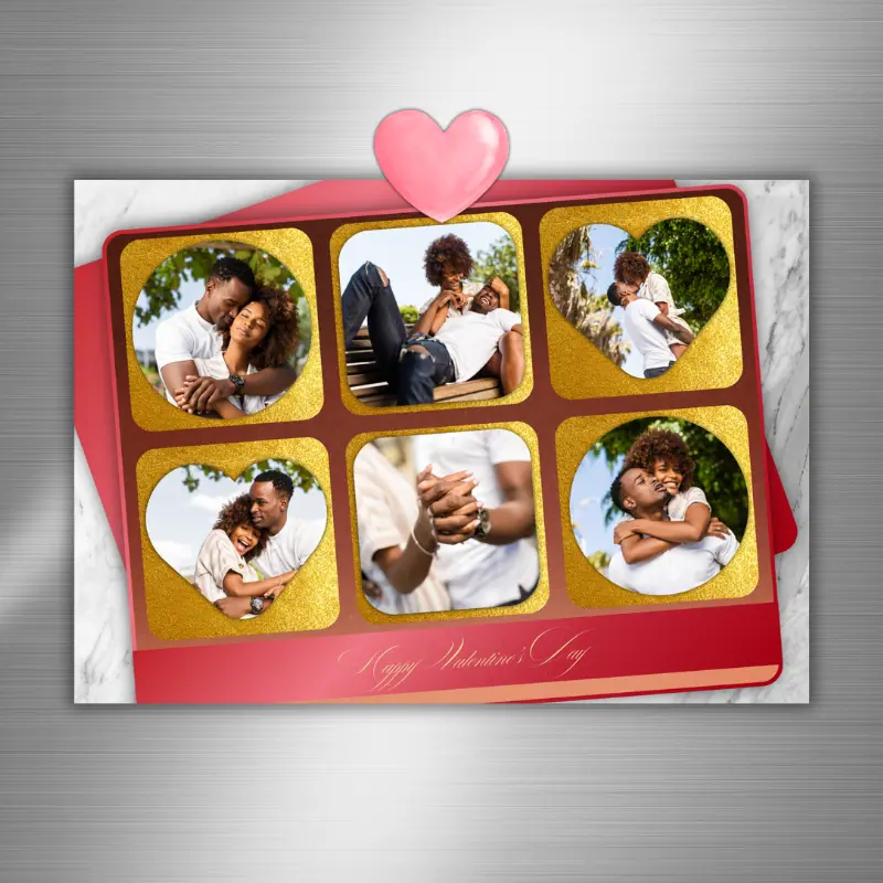 a photo card resembling a box of chocolates with photos in cute shapes inside a red box hangin on a fridge with a pink heart magnet