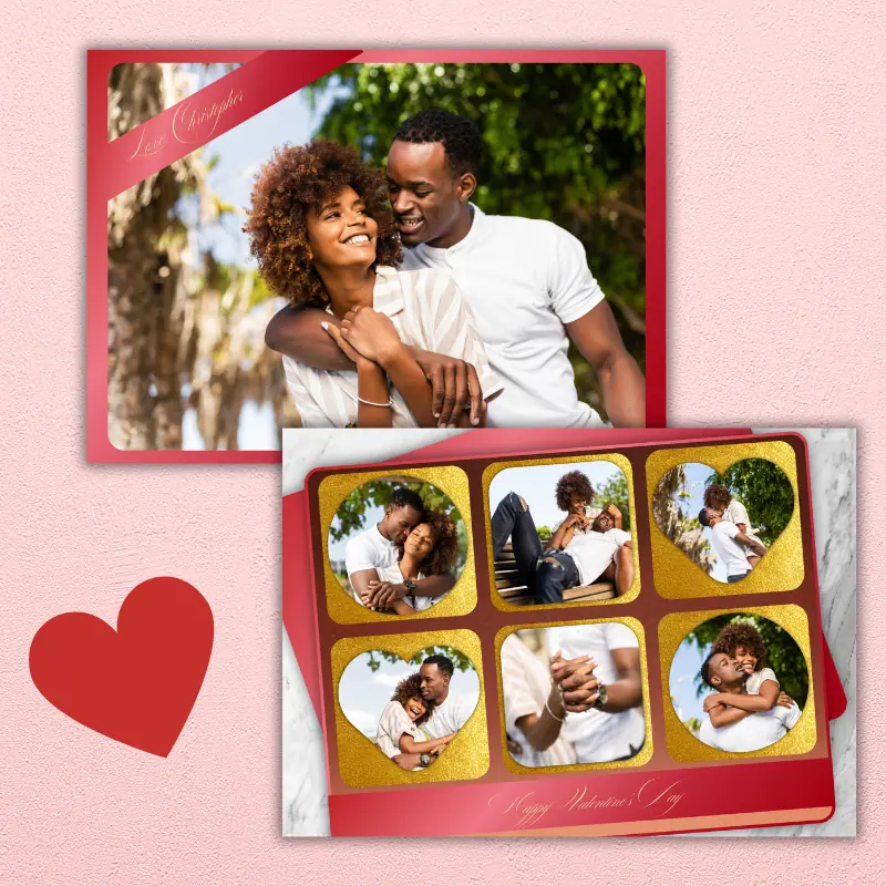 a double sided photo card resembling a box of chocolates with photos in cute shapes inside a red box and the front looks like the top of the box with a large photo of the couple on it.