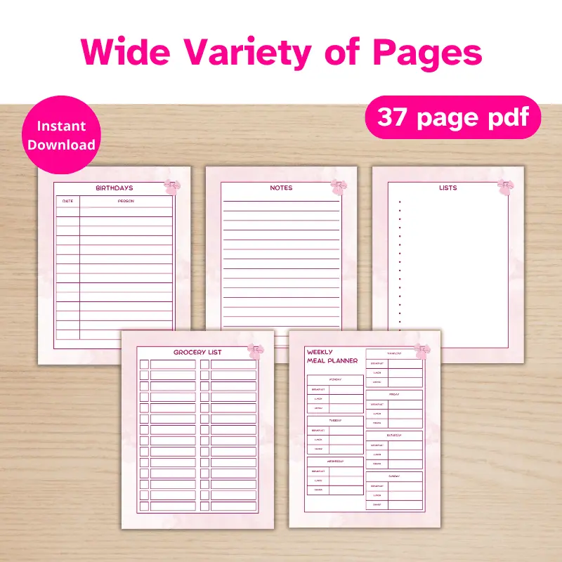 5 pink planner pages displayed on a desk. Pages Include birthdays, notes, lists, grocery list, and meal planner