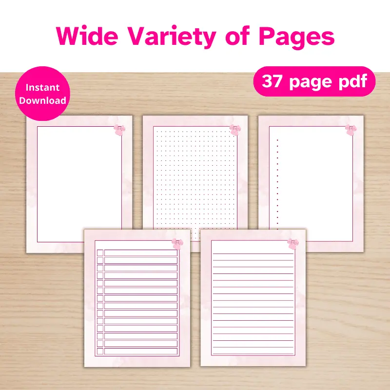 5 pink planner pages displayed on a desk. Pages Include an unlined page, a bullet journal page, a bulleted list, a blank checklist, and a lined page