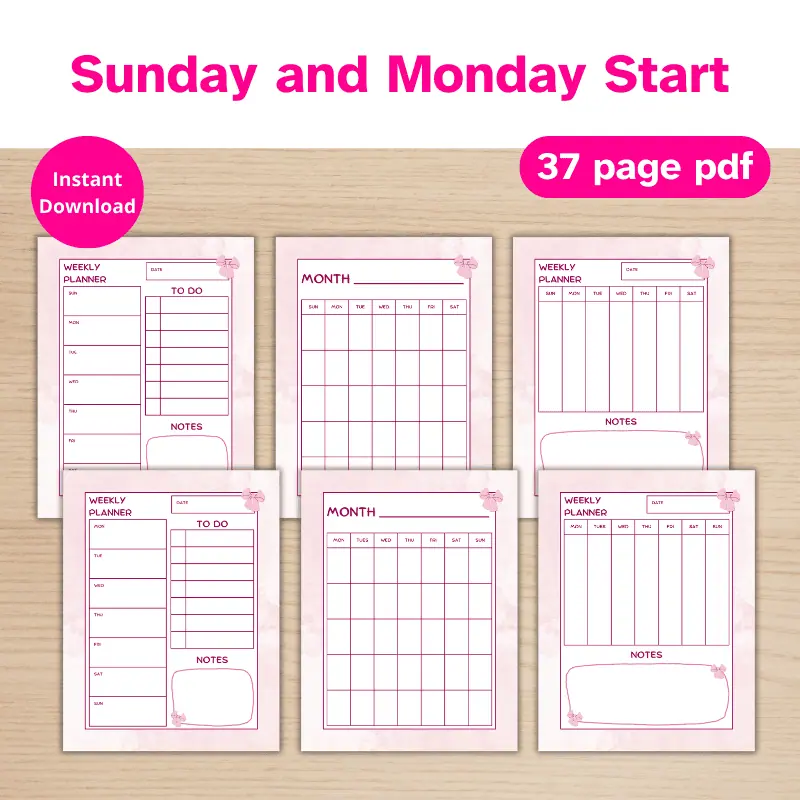 Sunday and Monday Start pages included. 2 month pages and 4 weekly planner pages displayed on a desk