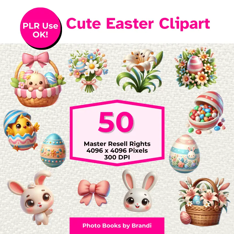 Cute Easter Clipart. PLR Use ok! 12 adorable Easer-themed clipart images including bunnies, eggs and flowers.