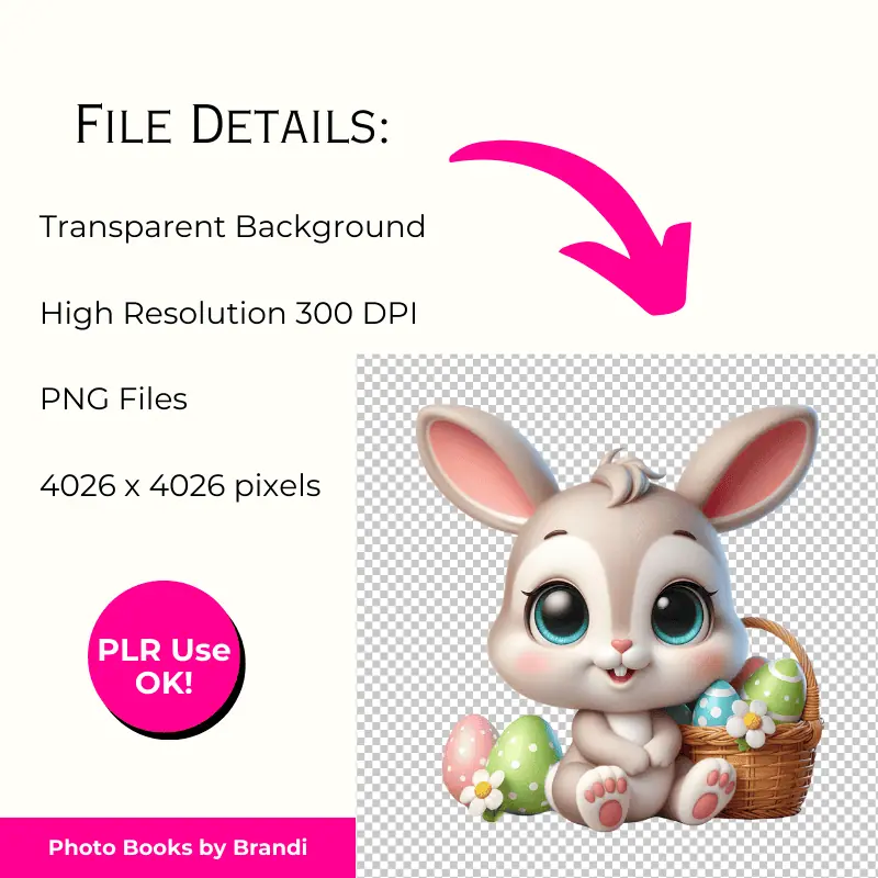 Clipart File Details including transparent backgrounds, High resolution 300 dpi. PSD Files, 4096 x 4096 Pixels, and plr use ok! and arrow to a cute Easter Bunny with a basket of eggs with a perfectly transparent background.