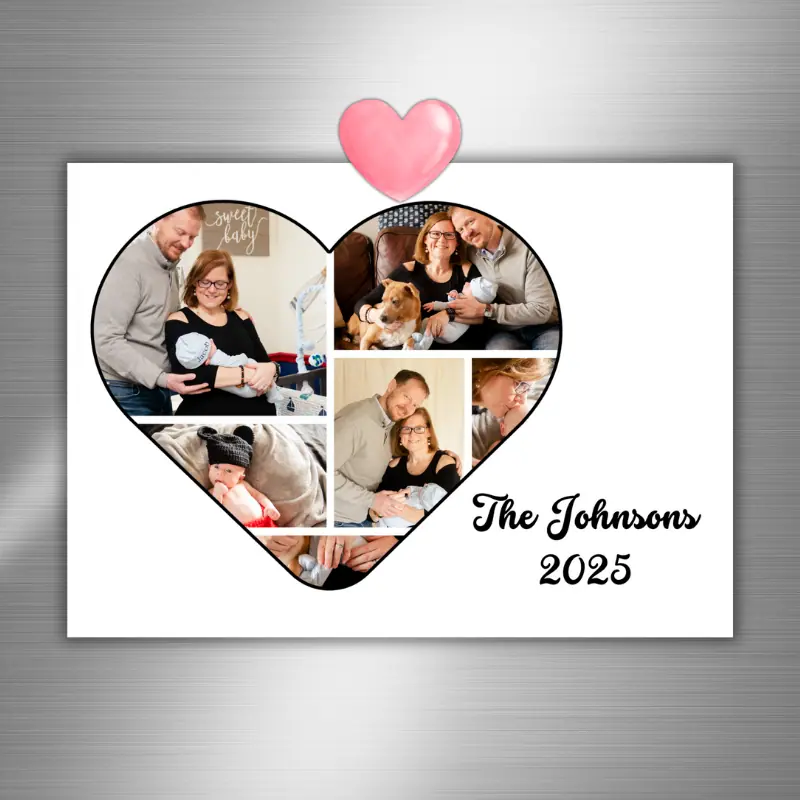 A photo card with a photo collage in the shape of a heart with 6 photos of a happy Family and the family's name and year hanging on the fridge with a pink heart magnet.