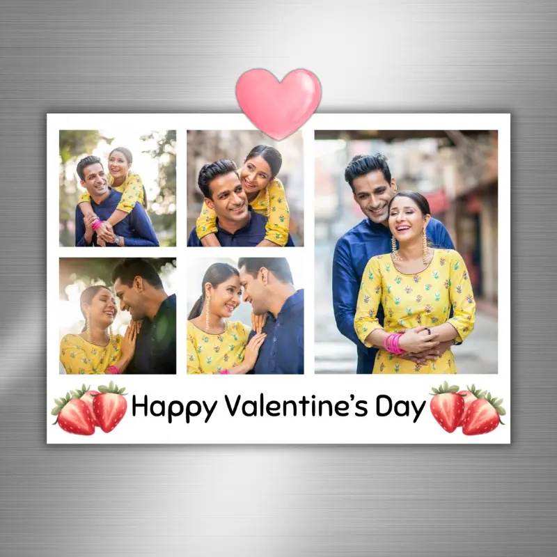 A photo card that says Happy Valentine's Day with 5 photos of the happy couple and strawberry graphics hanging on the fridge with a pink heart magnet.