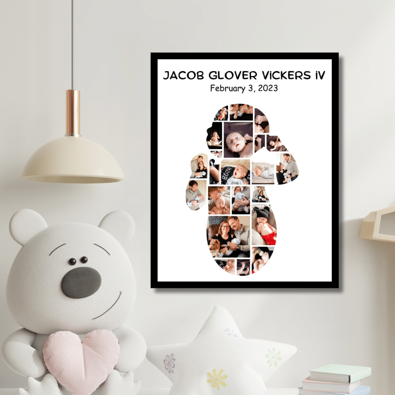 a baby shape photo collage with photos of a newborn and his loving family hanging in a baby's bedroom