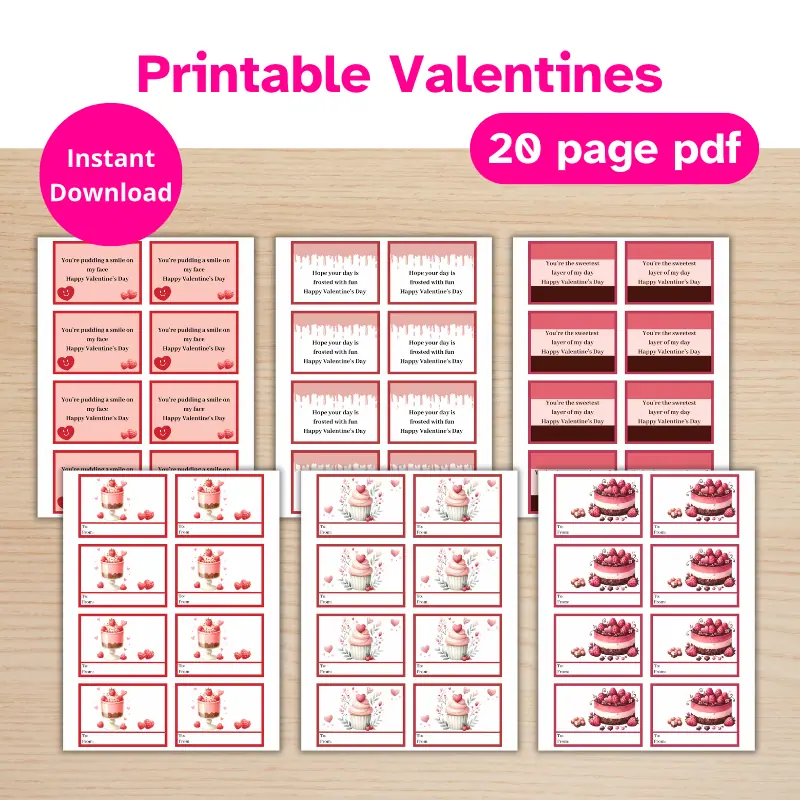 3 double sided, mini printable valentines featuring dessert themes.