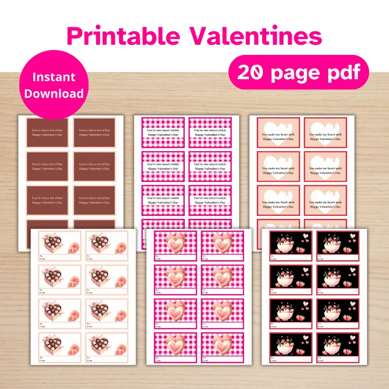3 double sided, mini printable valentines featuring dessert themes.