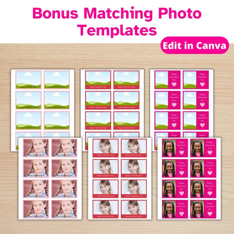 3 Matching Photo templates for girl's valentines layered under completed designs created from the template