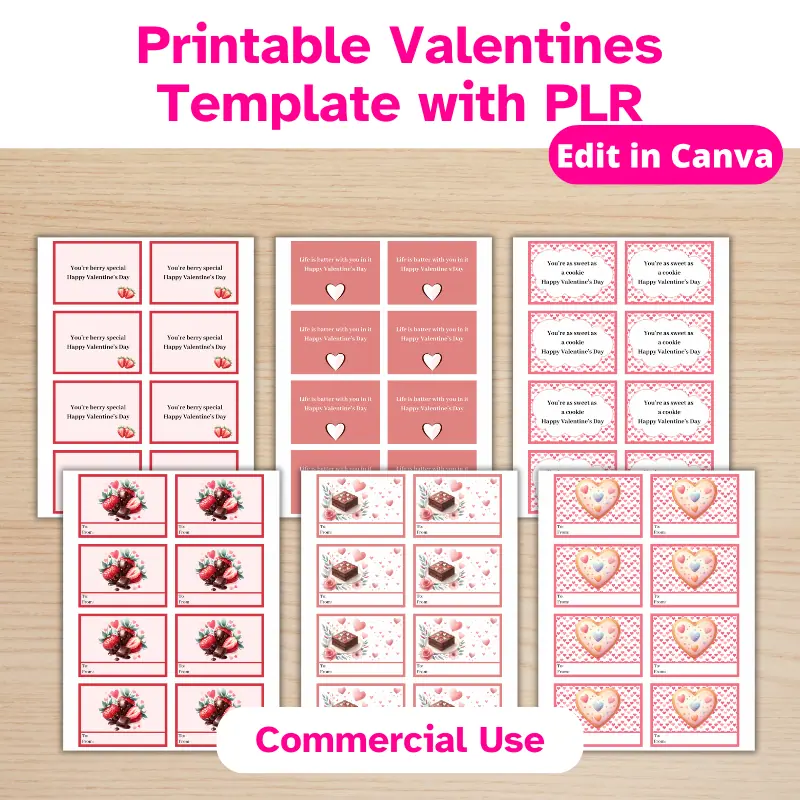 3 double sided, mini printable valentines with PLR featuring dessert themes. Comes with a commercial use license.
