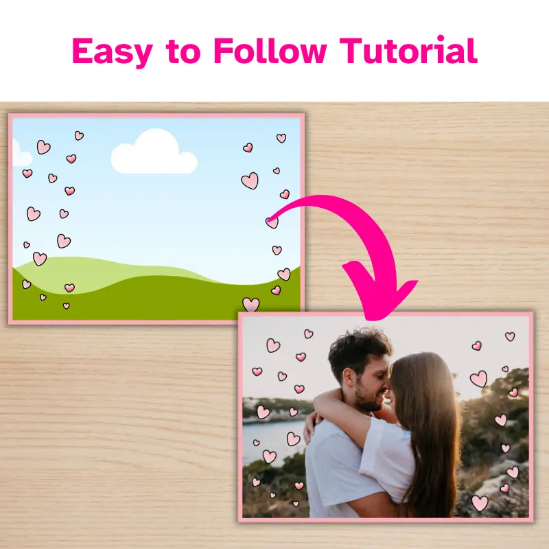 a photo card template with pink hearts overlaying a photo frame with an arrow to a completed photo card design with a happy couple surrounded by pink hearts