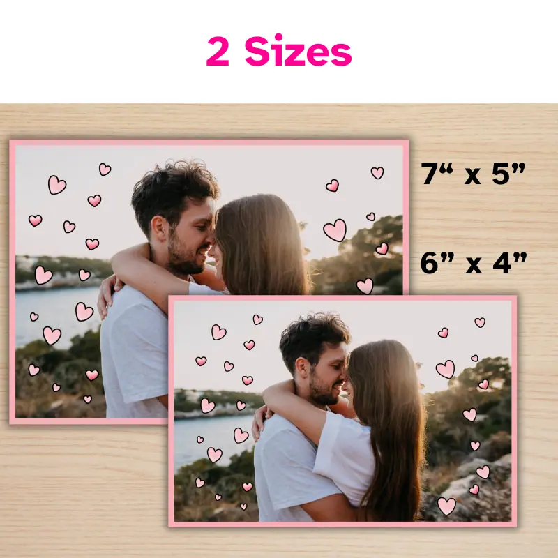 2 of the same photo card in 2 different sizes. One is 7 x 5 inch and the other is 6 x 4 inch. This photo card features a full page photo with pink hearts bubbled over the top