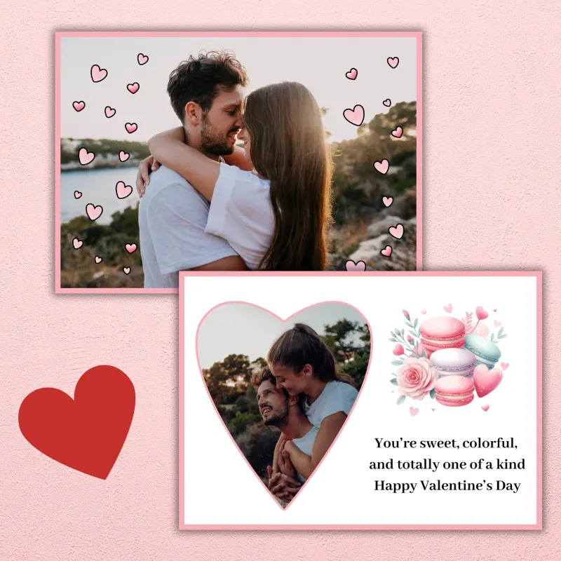 a double sided photo card with a happy couple surrounded by pink hearts on one side and a heart shaped photo of the couple on the back next to cute macarons and hearts and a cute Valentine's Day message.