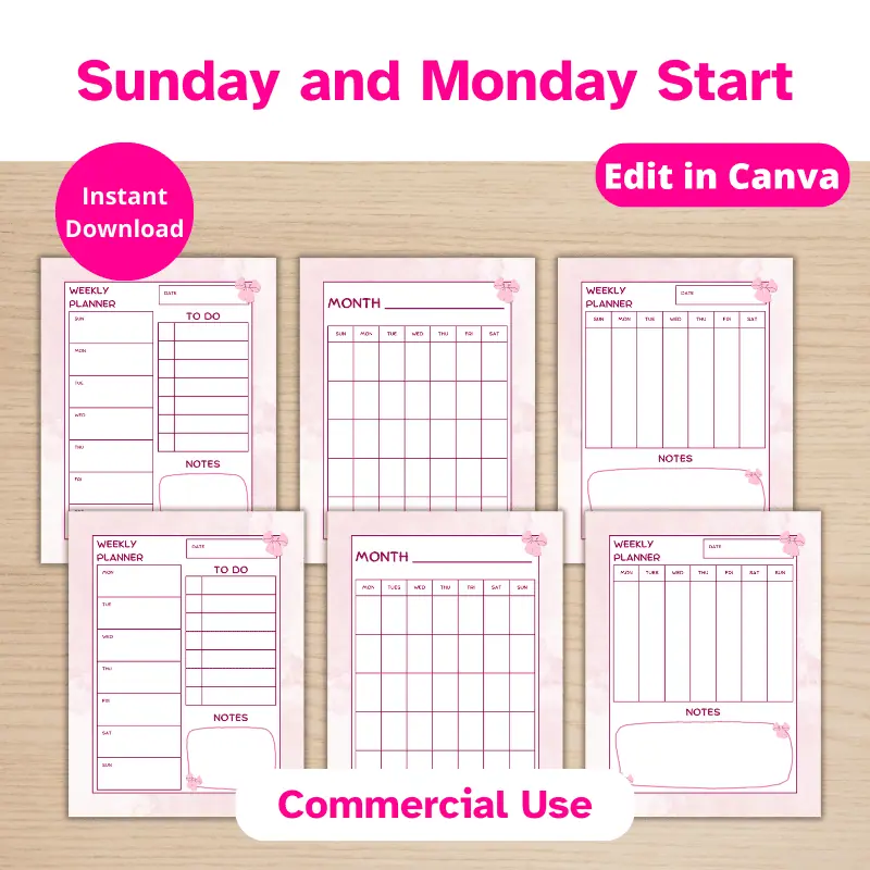 5 pink planner pages displayed on a desk. Pages Include an unlined page, a bullet journal page, a bulleted list, a blank checklist, and a lined page