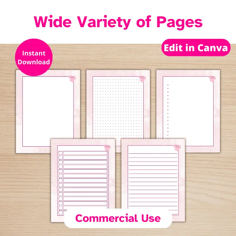 5 pink planner pages displayed on a desk. Pages Include birthdays, notes, lists, grocery list, and meal planner