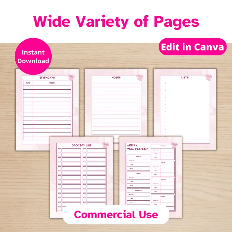 5 pink planner pages displayed on a desk. Pages Include birthdays, notes, lists, grocery list, and meal planner