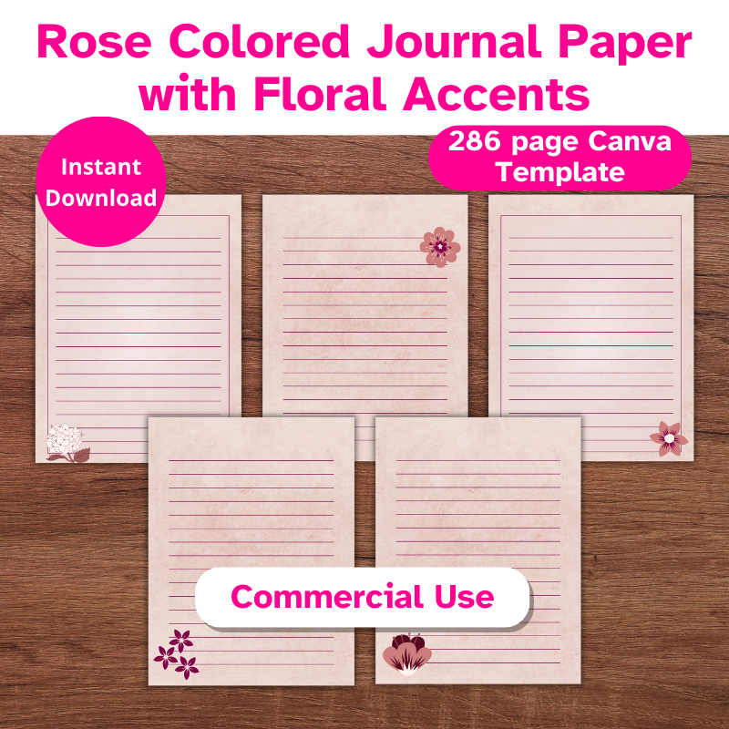5 pages of rose colored us letter sized digital paper with floral accents with commercial use rights
