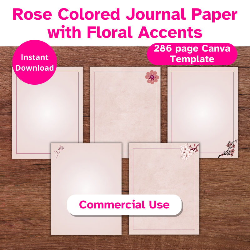 5 pages of rose colored us letter sized digital paper with floral accents with commercial use rights