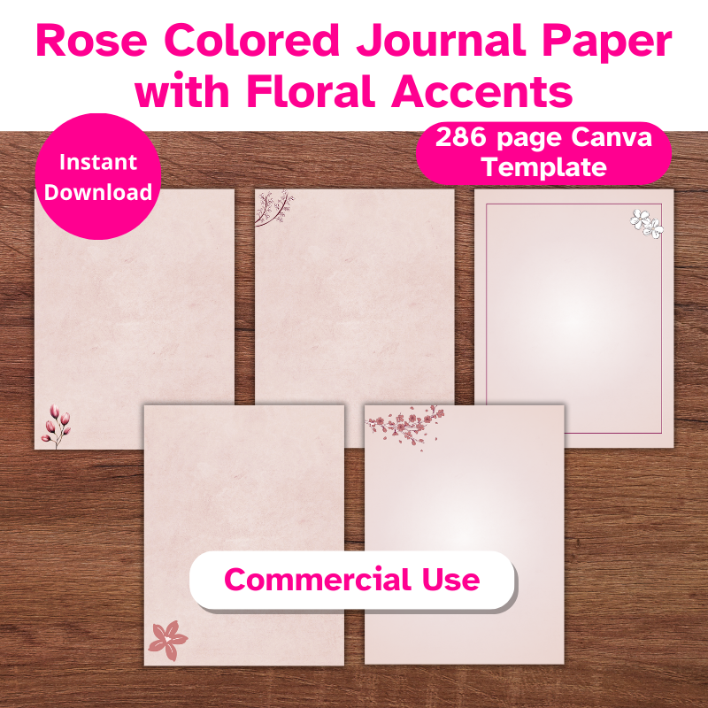 5 pages of rose colored us letter sized digital paper with floral accents with commercial use rights