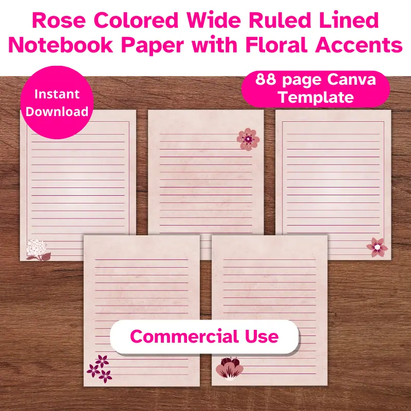 5 pages of wide ruled lined rose colored us letter sized digital paper with floral accents